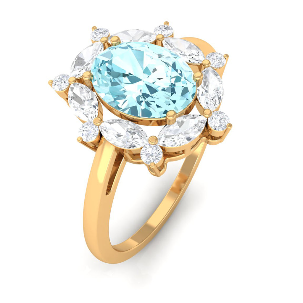 1.75 CT Aquamarine Designer Halo Engagement Ring with Moissanite Aquamarine - ( AAA ) - Quality - Rosec Jewels