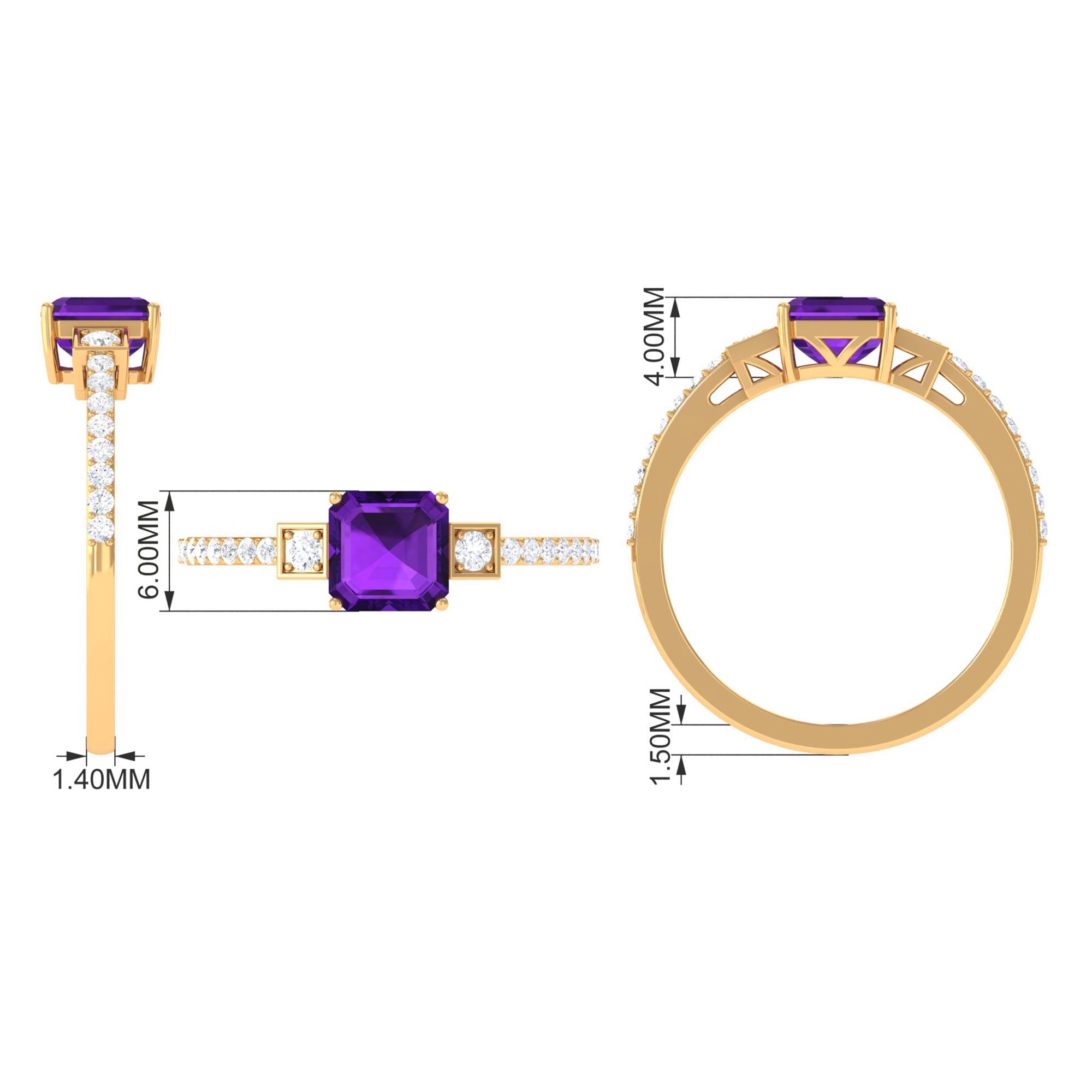 Asscher Cut Amethyst Solitaire Engagement Ring with Diamond Amethyst - ( AAA ) - Quality - Rosec Jewels