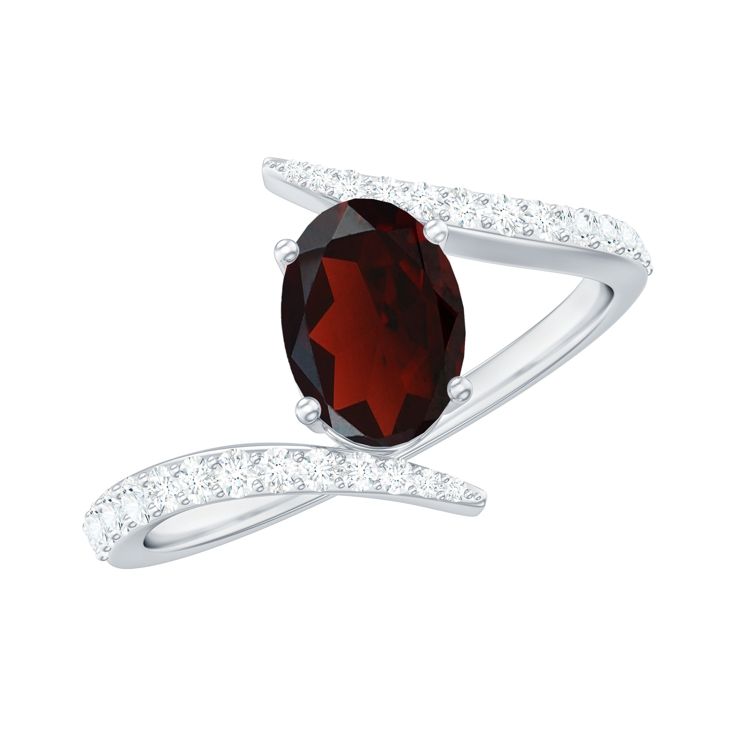 Solitaire Garnet Bypass Engagement Ring with Diamond Garnet - ( AAA ) - Quality - Rosec Jewels