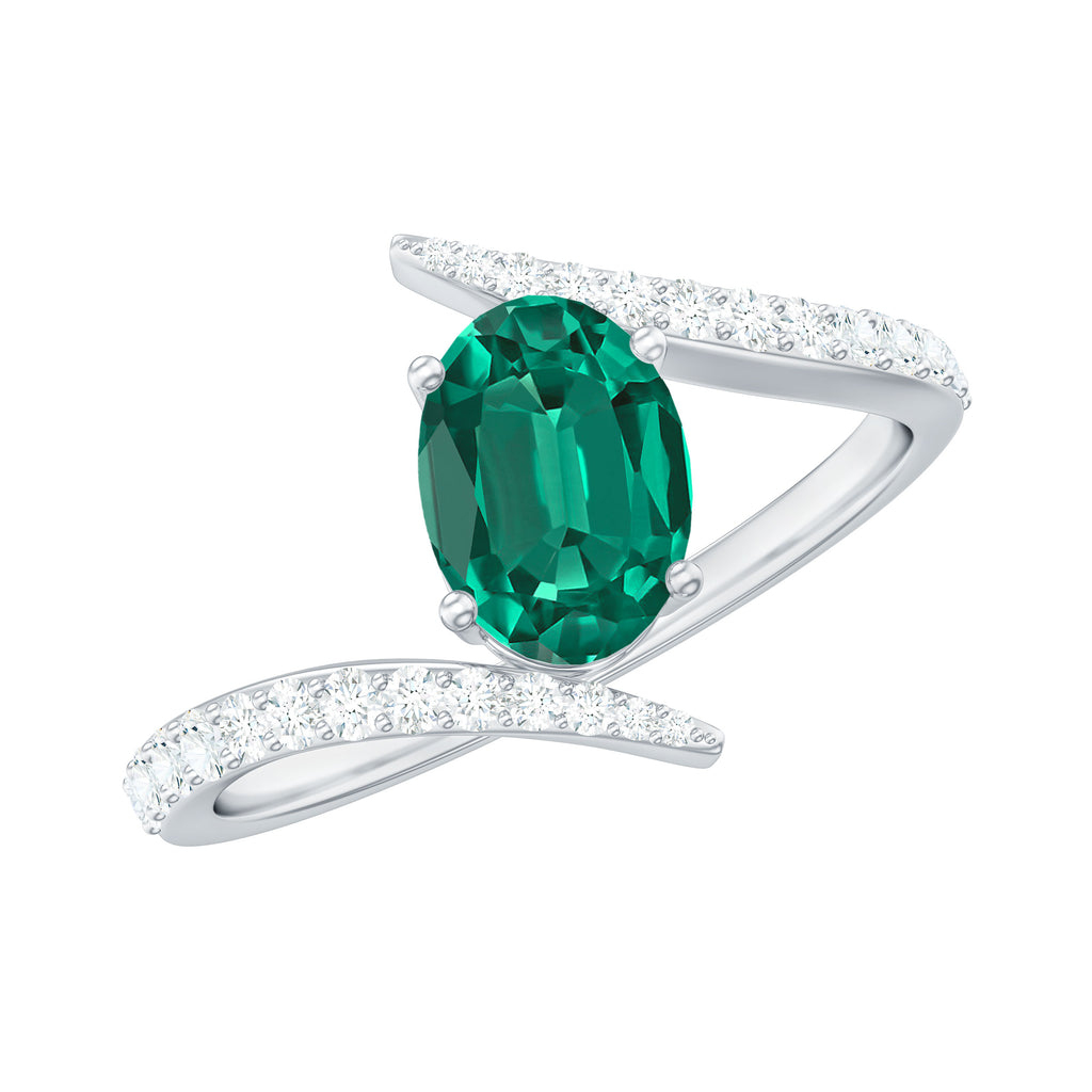 Oval Shape Lab Grown Emerald Solitaire Bypass Ring with Moissanite Lab Created Emerald - ( AAAA ) - Quality - Rosec Jewels