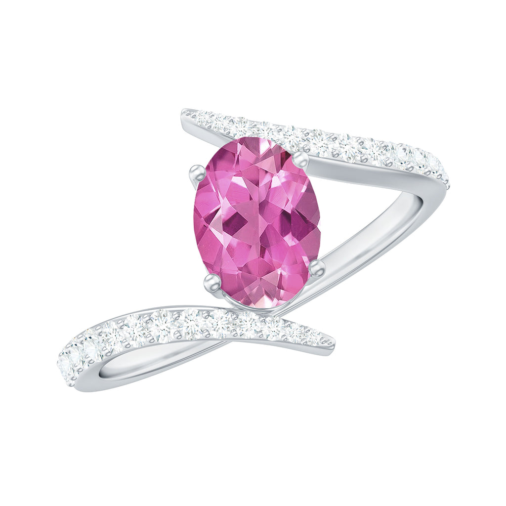 Solitaire Pink tourmaline Bypass Engagement Ring with Diamond Pink Tourmaline - ( AAA ) - Quality - Rosec Jewels