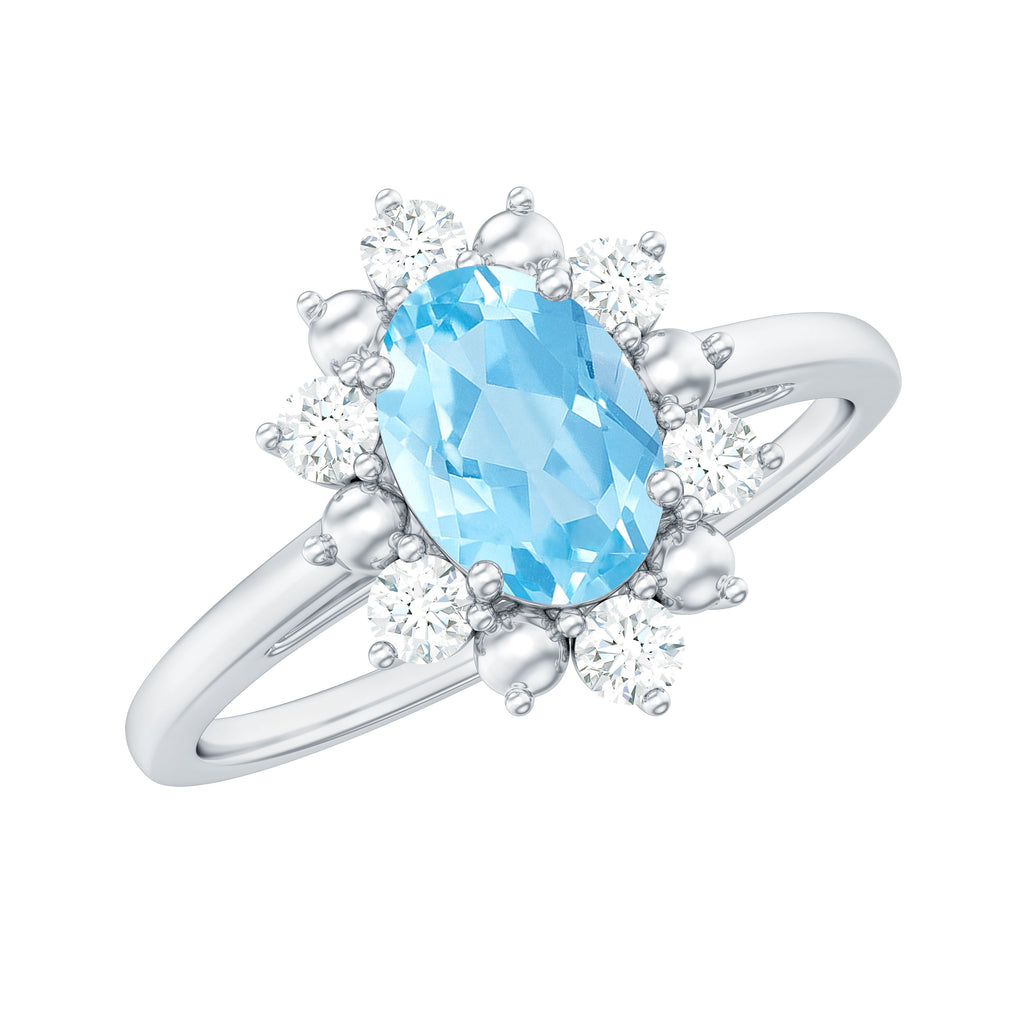 1.50 CT Oval Cut Aquamarine Floral Ring with Diamond Halo Aquamarine - ( AAA ) - Quality - Rosec Jewels