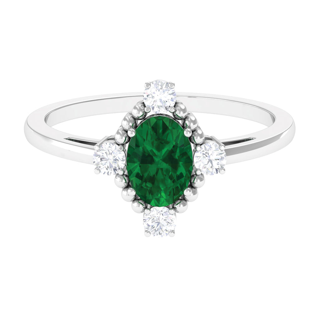 Vintage Style Oval Created Emerald Solitaire Engagement Ring with Diamond Lab Created Emerald - ( AAAA ) - Quality - Rosec Jewels
