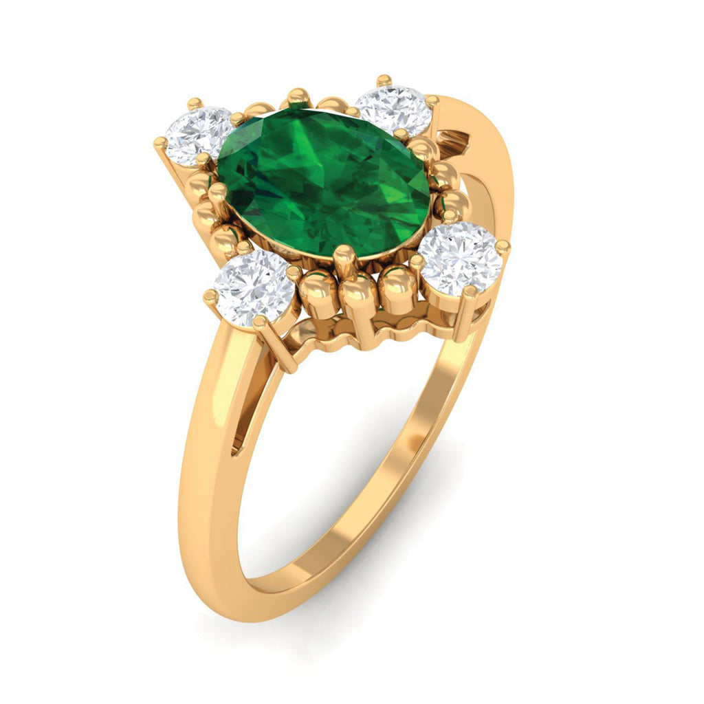 Vintage Style Oval Created Emerald Solitaire Engagement Ring with Diamond Lab Created Emerald - ( AAAA ) - Quality - Rosec Jewels