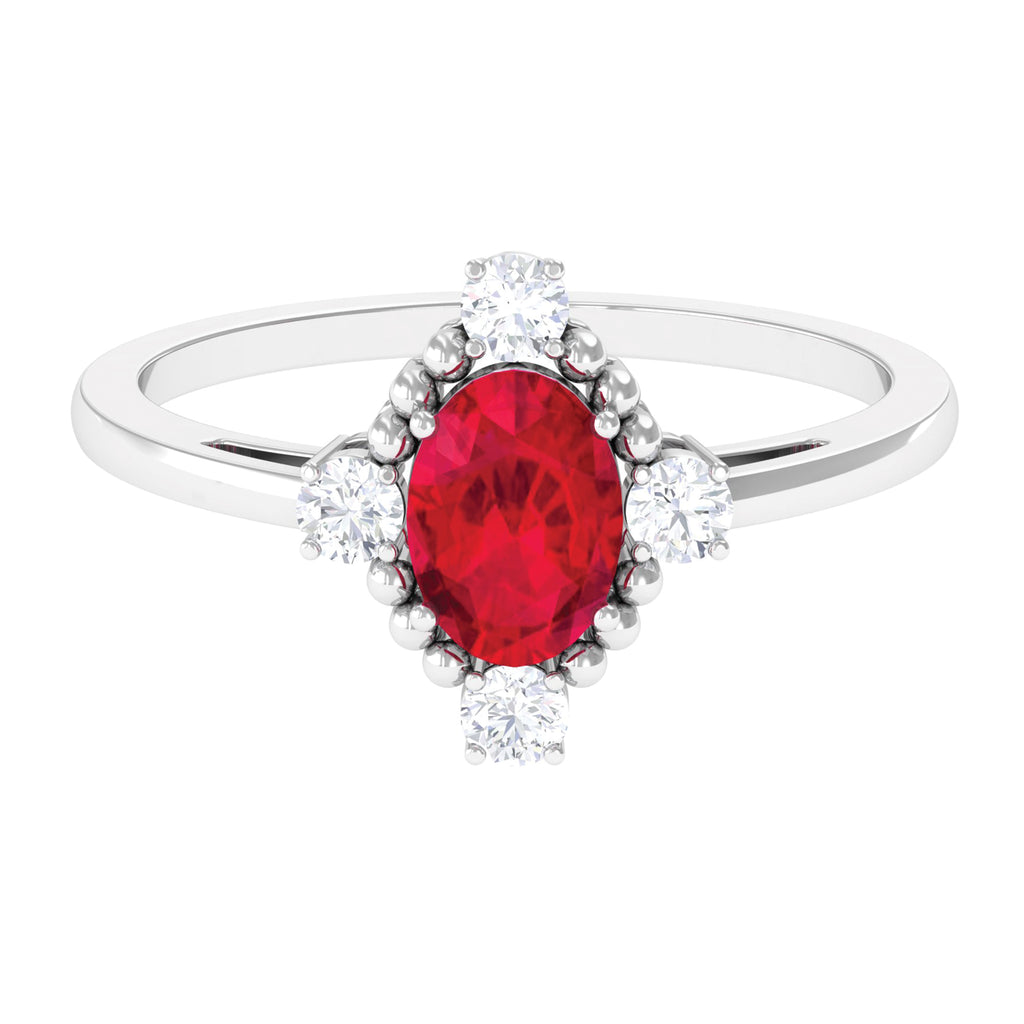 Vintage Style Oval Created Ruby Solitaire Engagement Ring with Diamond Lab Created Ruby - ( AAAA ) - Quality - Rosec Jewels