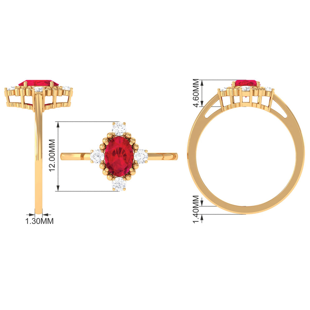 Vintage Style Oval Created Ruby Solitaire Engagement Ring with Diamond Lab Created Ruby - ( AAAA ) - Quality - Rosec Jewels