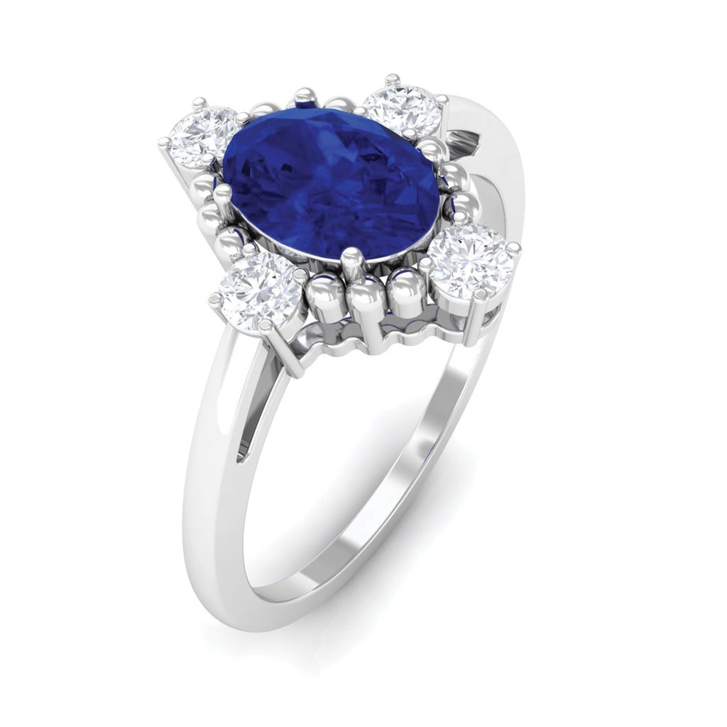 Vintage Style Created Blue Sapphire Solitaire Engagement Ring with Diamond Lab Created Blue Sapphire - ( AAAA ) - Quality - Rosec Jewels