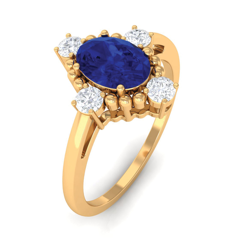 Vintage Style Created Blue Sapphire Solitaire Engagement Ring with Diamond Lab Created Blue Sapphire - ( AAAA ) - Quality - Rosec Jewels