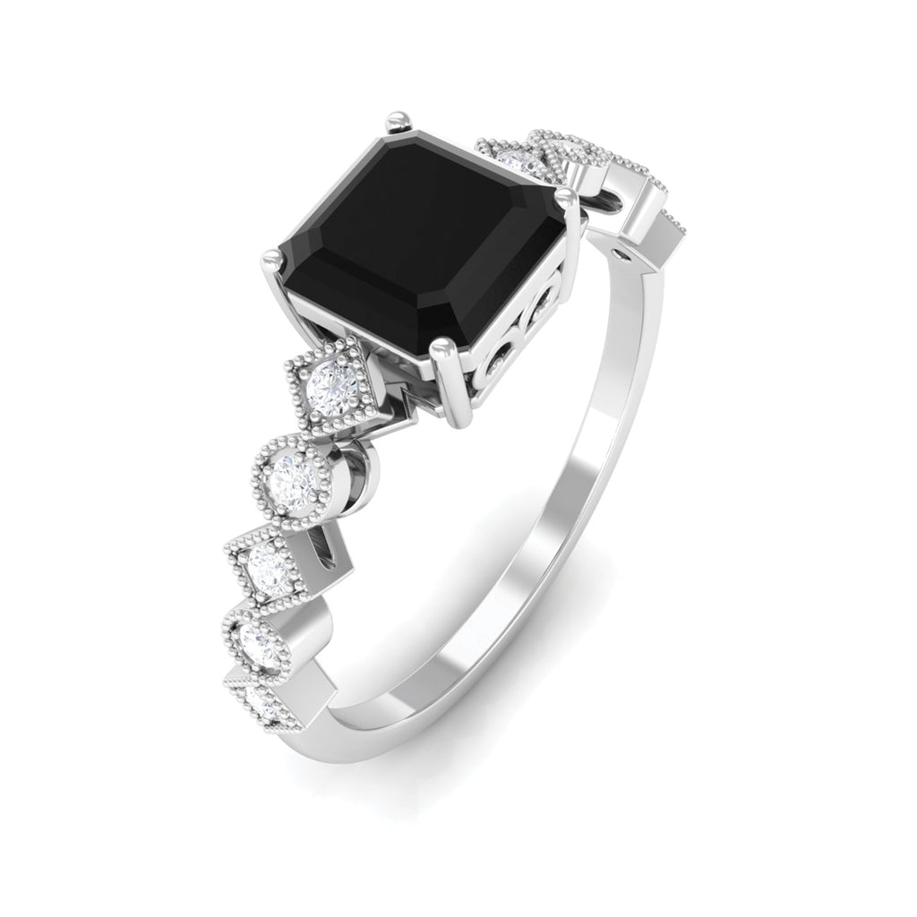 Asscher Cut Created Black Diamond Solitaire Engagement Ring with Diamond Lab Created Black Diamond - ( AAAA ) - Quality - Rosec Jewels