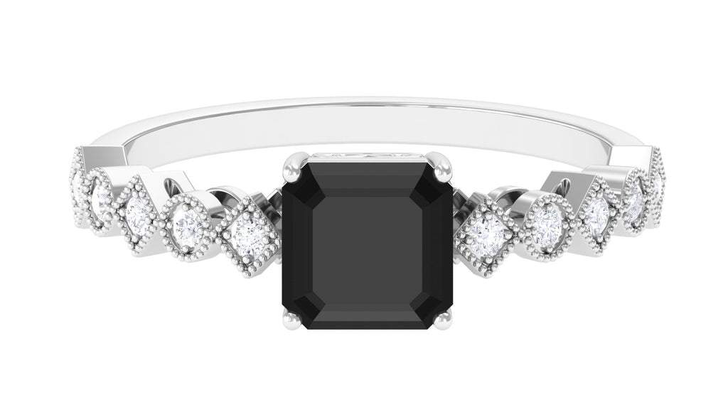 1.5 CT Asscher Cut Black Onyx Solitaire Engagement Ring with Diamond Black Onyx - ( AAA ) - Quality - Rosec Jewels