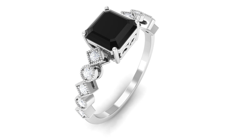 1.5 CT Asscher Cut Black Onyx Solitaire Engagement Ring with Diamond Black Onyx - ( AAA ) - Quality - Rosec Jewels