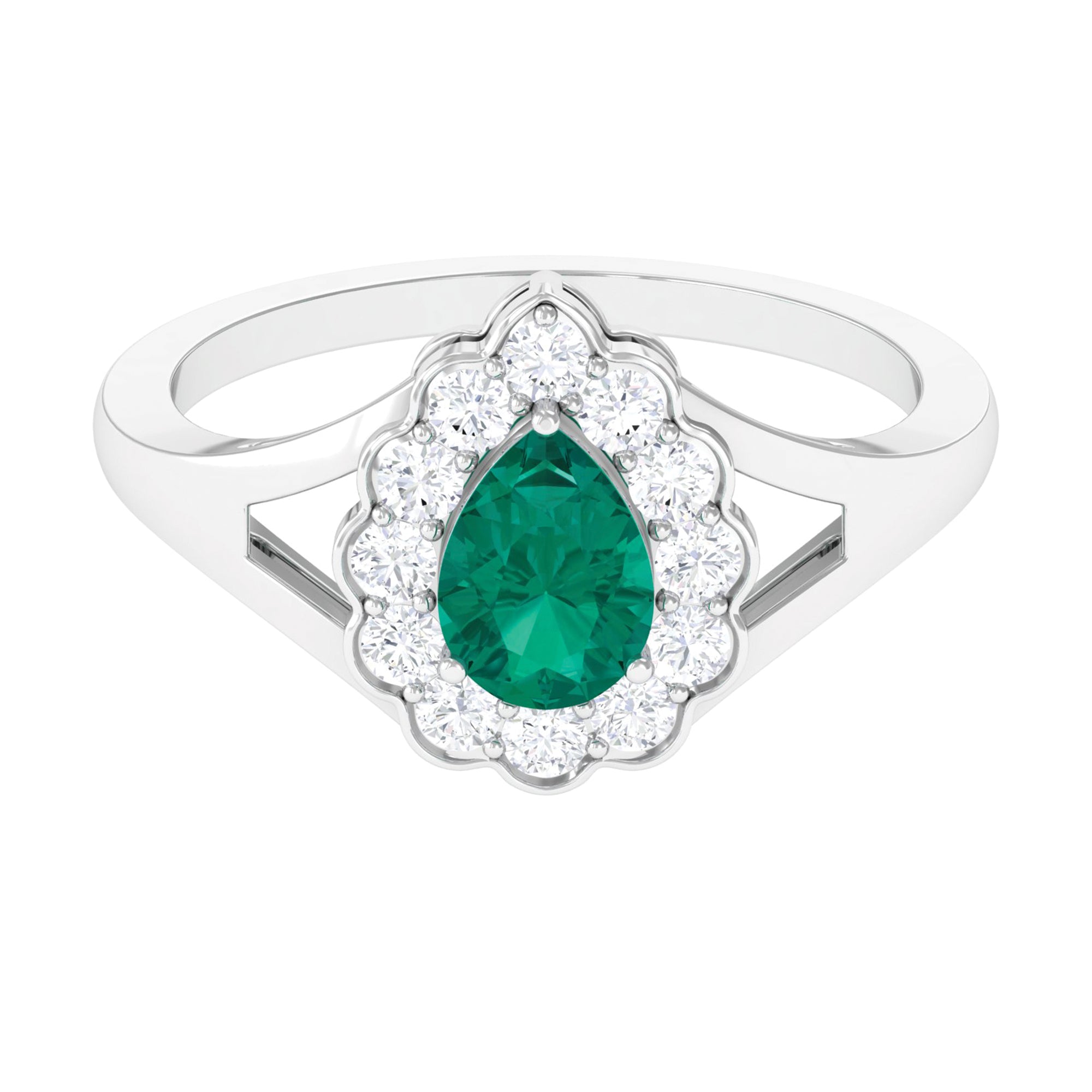 Pear Shaped Emerald Halo Engagement Ring with Diamond in Split Shank Emerald - ( AAA ) - Quality - Rosec Jewels