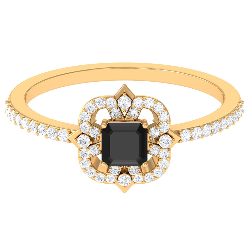 Asscher Cut Created Black Diamond Statement Engagement Ring with Diamond Lab Created Black Diamond - ( AAAA ) - Quality - Rosec Jewels