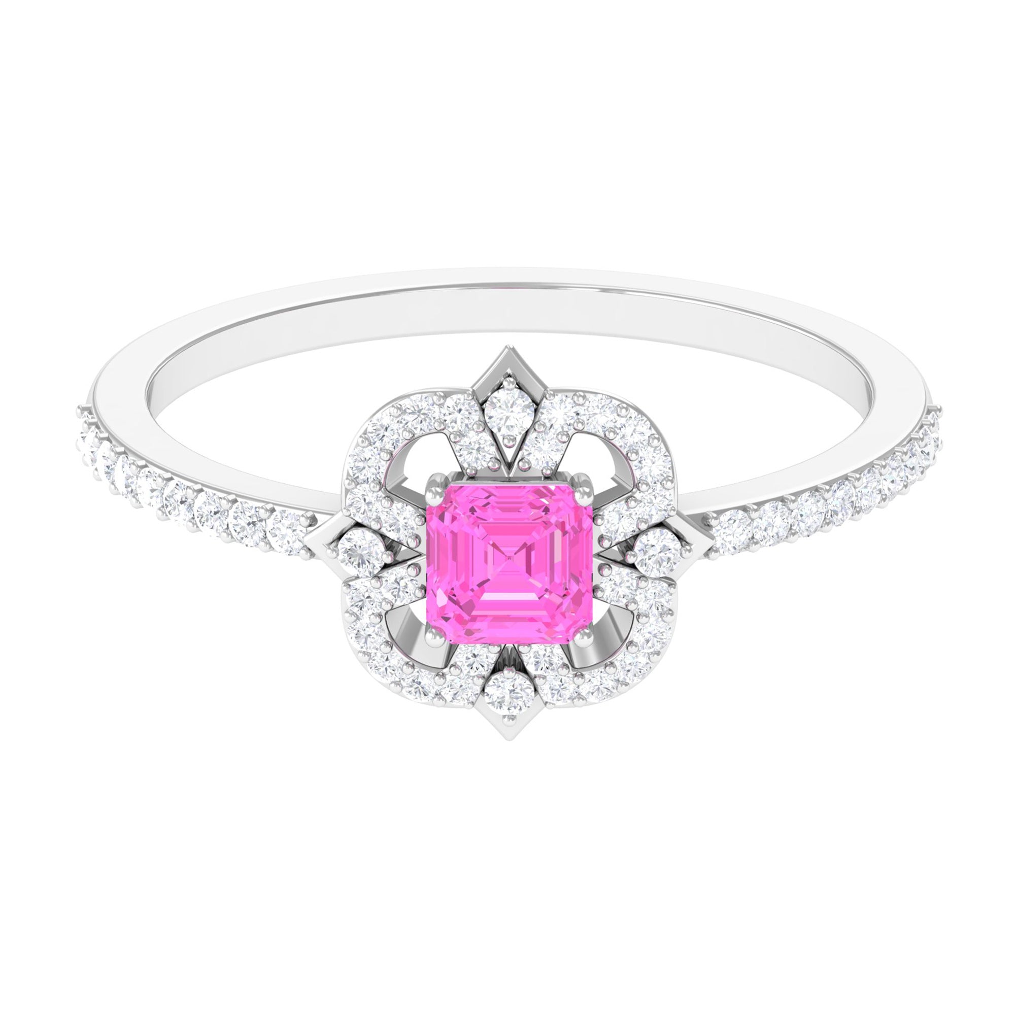Asscher Cut Created Pink Sapphire Statement Engagement Ring with Diamond Lab Created Pink Sapphire - ( AAAA ) - Quality - Rosec Jewels