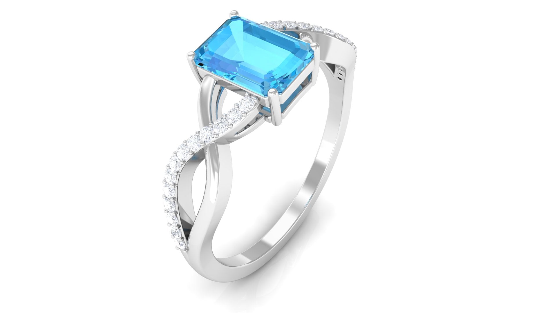Emerald Cut Swiss Blue Topaz and Diamond Crossover Engagement Ring Swiss Blue Topaz - ( AAA ) - Quality - Rosec Jewels