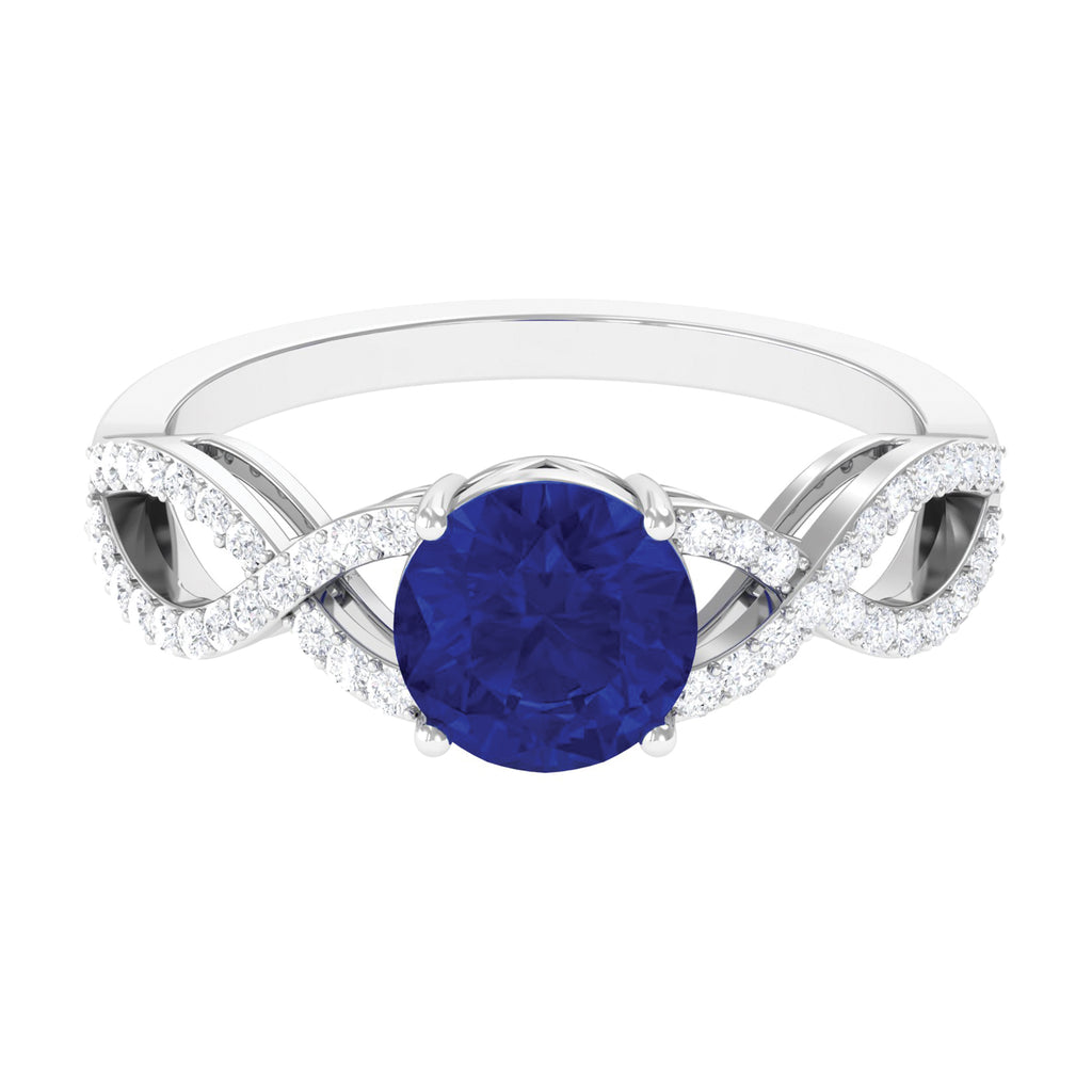 Certified Lab Grown Blue Sapphire Round Engagement Ring With Moissanite Lab Created Blue Sapphire - ( AAAA ) - Quality - Rosec Jewels