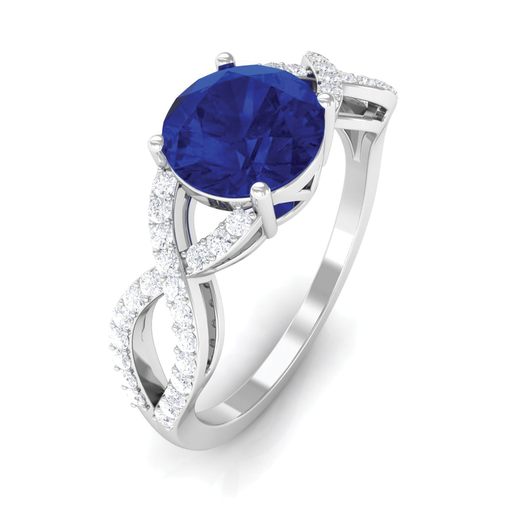 Certified Lab Grown Blue Sapphire Round Engagement Ring With Moissanite Lab Created Blue Sapphire - ( AAAA ) - Quality - Rosec Jewels