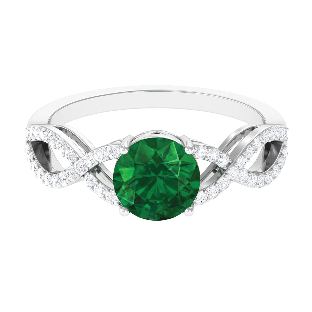 Round Created Emerald and Zircon Crossover Engagement Ring Lab Created Emerald - ( AAAA ) - Quality - Rosec Jewels