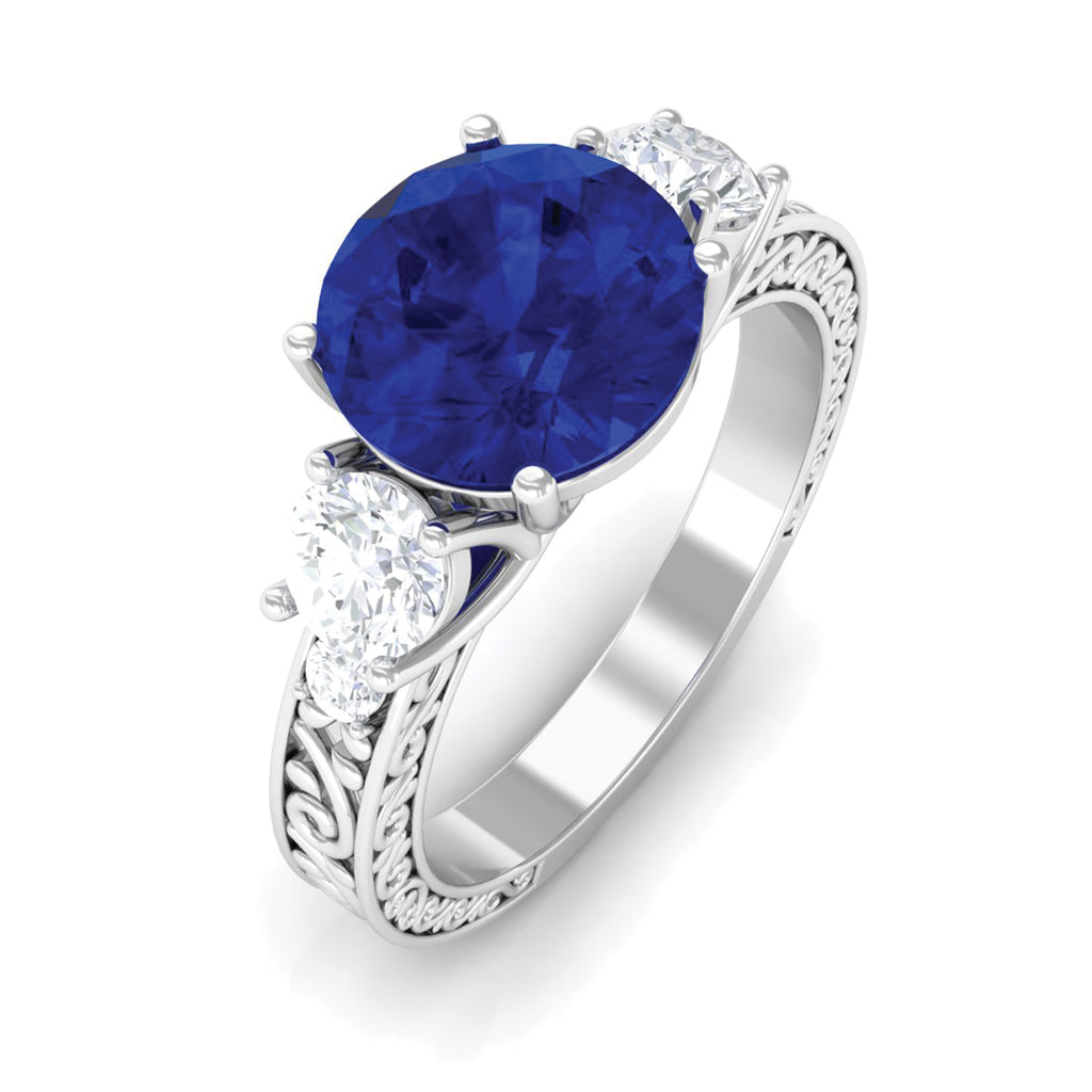 Round Created Blue Sapphire and Moissanite Art Deco Engagement Ring in Gold Lab Created Blue Sapphire - ( AAAA ) - Quality - Rosec Jewels