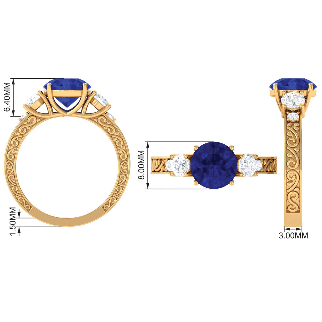 Round Created Blue Sapphire and Moissanite Art Deco Engagement Ring in Gold Lab Created Blue Sapphire - ( AAAA ) - Quality - Rosec Jewels
