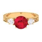 Round Created Ruby and Moissanite Art Deco Engagement Ring in Gold Lab Created Ruby - ( AAAA ) - Quality - Rosec Jewels