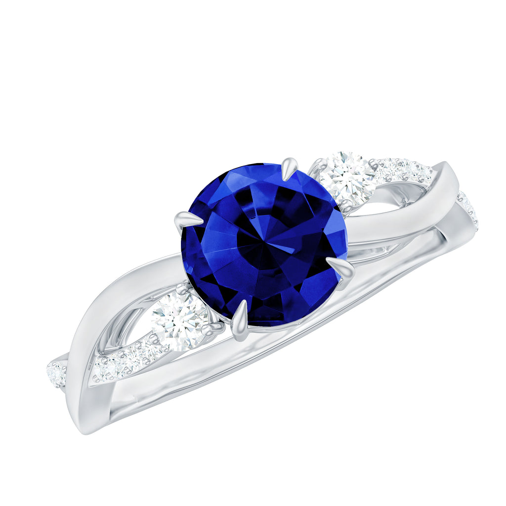 2 CT Created Blue Sapphire and Diamond Engagement Ring with Crossover Shank Lab Created Blue Sapphire - ( AAAA ) - Quality - Rosec Jewels