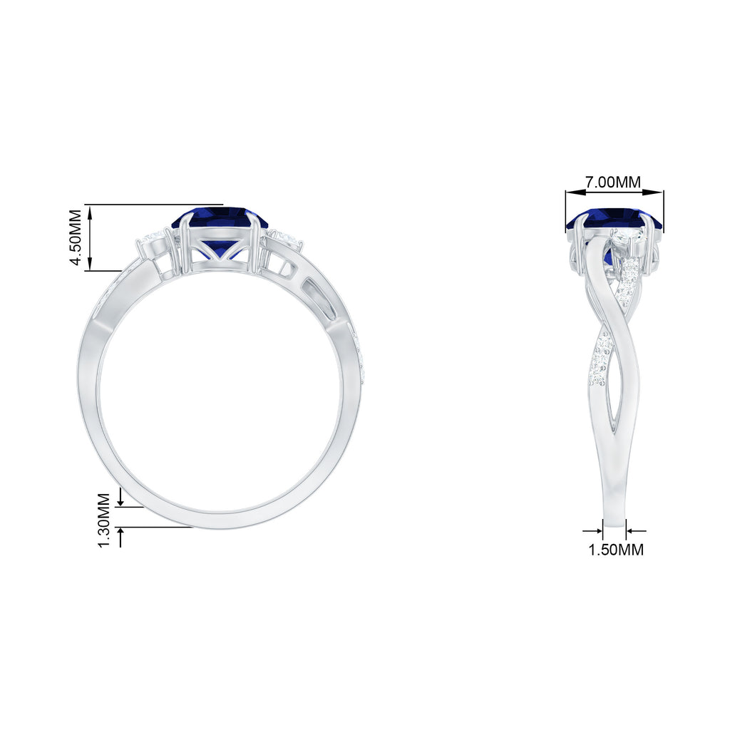 2 CT Created Blue Sapphire and Diamond Engagement Ring with Crossover Shank Lab Created Blue Sapphire - ( AAAA ) - Quality - Rosec Jewels