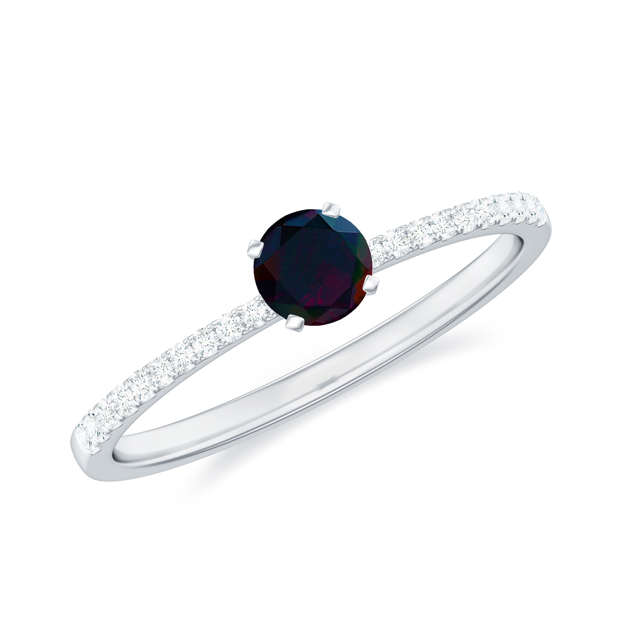 1/2 CT Round Black Opal Solitaire Engagement Ring with Diamond Black Opal - ( AAA ) - Quality - Rosec Jewels