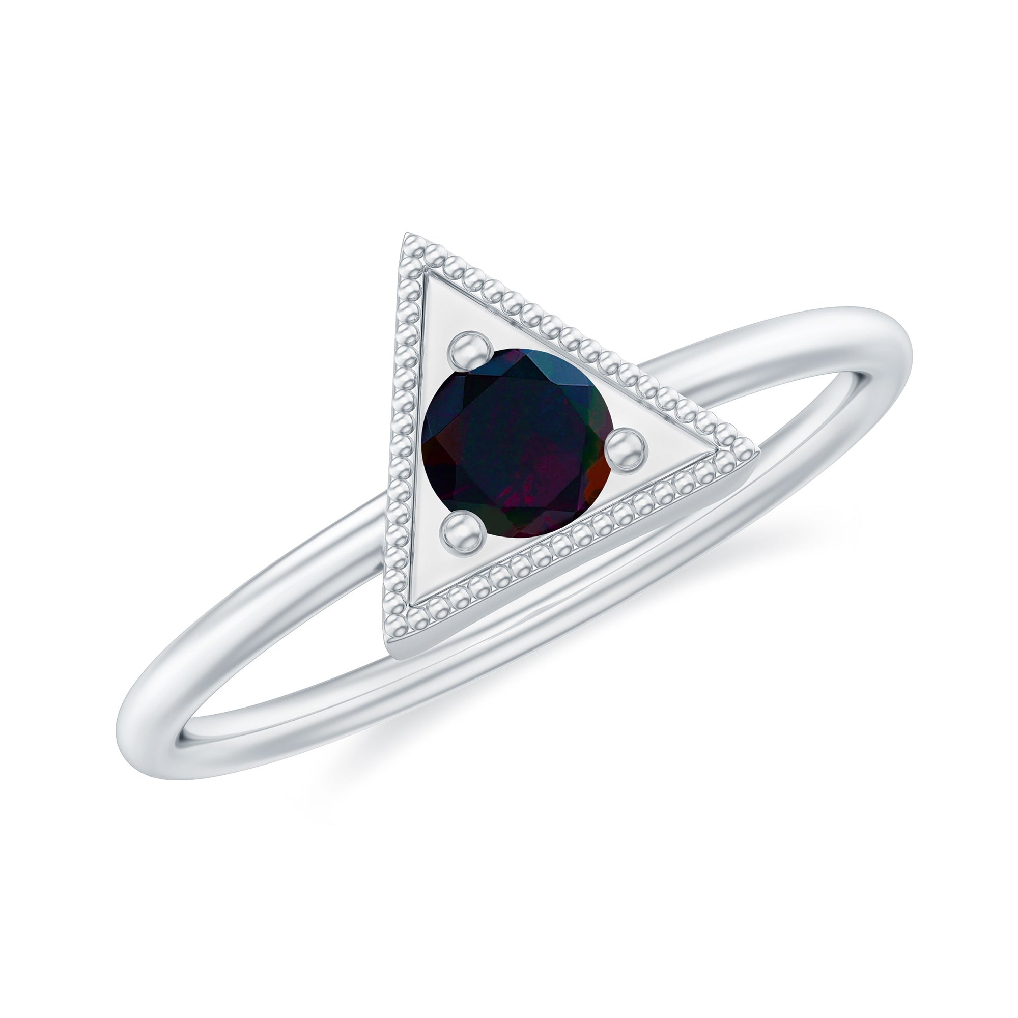 1/4 CT Round Black Opal Gold Triangle Minimal Promise Ring Black Opal - ( AAA ) - Quality - Rosec Jewels