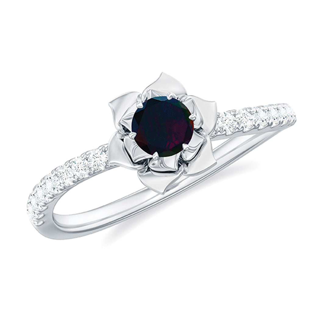 Real Black Opal and Diamond Flower Engagement Ring Black Opal - ( AAA ) - Quality - Rosec Jewels
