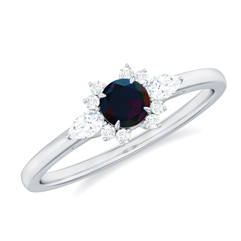 Claw Set Round Black Opal and Diamond Promise Ring Black Opal - ( AAA ) - Quality - Rosec Jewels