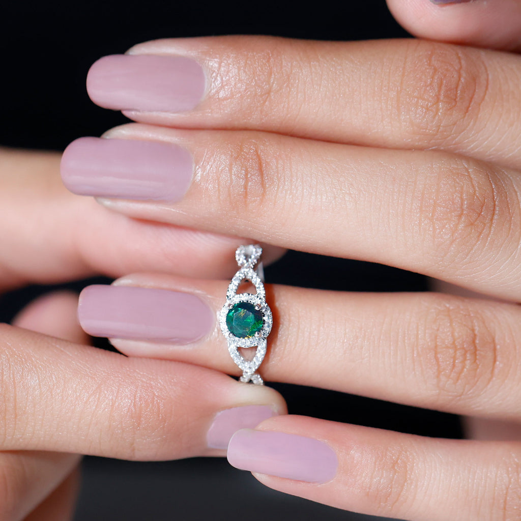 Criss Cross Shank Black Opal and Diamond Halo Engagement Ring Black Opal - ( AAA ) - Quality - Rosec Jewels