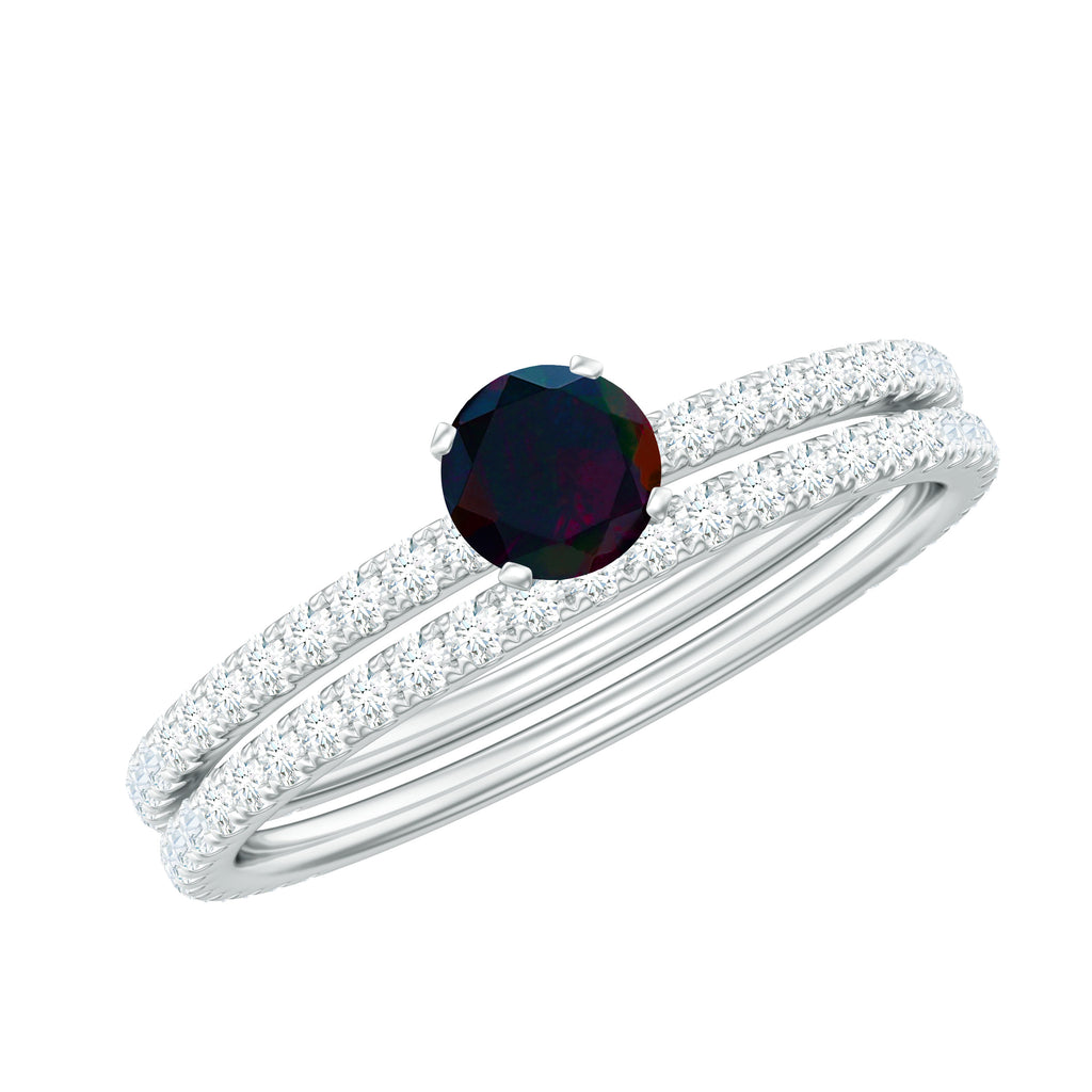 1.25 CT Minimal Wedding Ring Set with Black Opal and Diamond Black Opal - ( AAA ) - Quality - Rosec Jewels