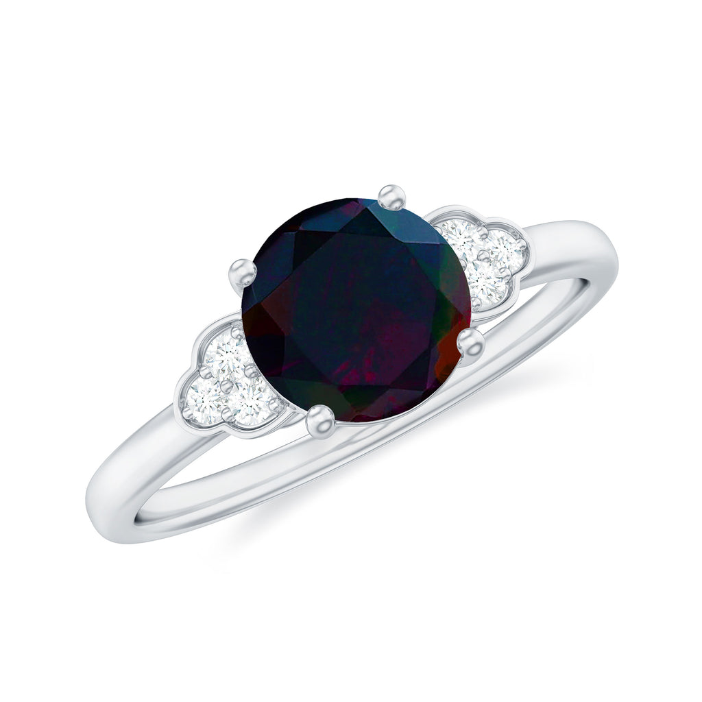 1 CT Round Black Opal Solitaire Engagement Ring with Diamond Black Opal - ( AAA ) - Quality - Rosec Jewels