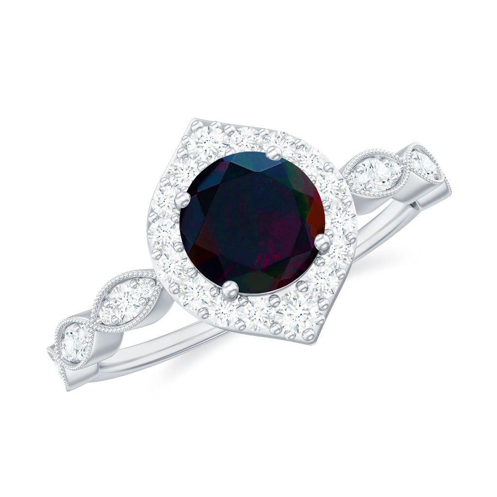 1.5 CT Black Opal Vintage Engagement Ring with Diamond Accent Black Opal - ( AAA ) - Quality - Rosec Jewels