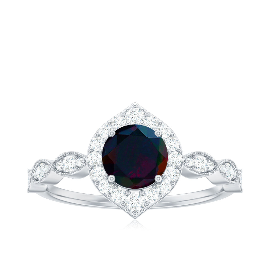 1.5 CT Black Opal Vintage Engagement Ring with Diamond Accent Black Opal - ( AAA ) - Quality - Rosec Jewels