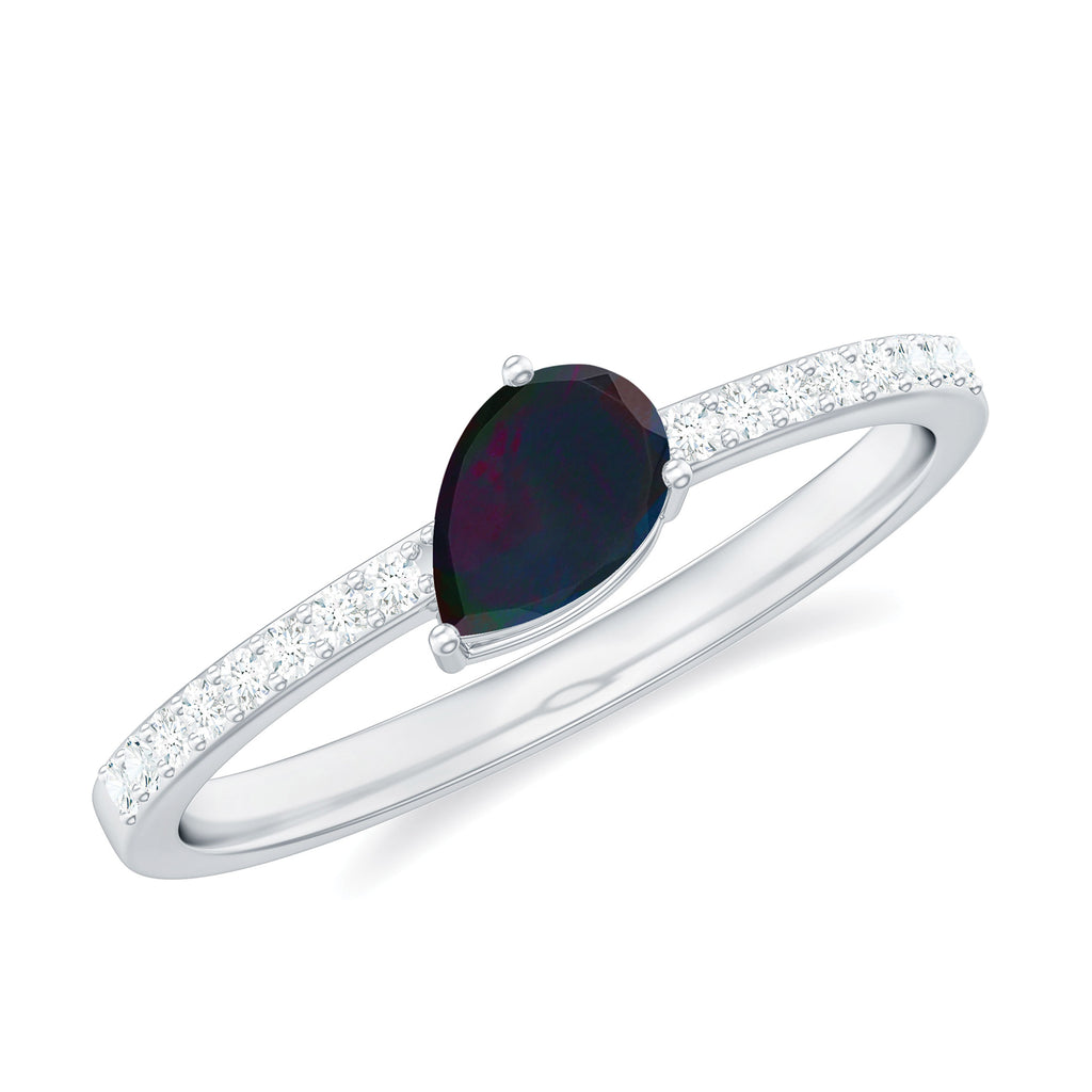 1 CT Real Black Opal Solitaire Teardrop Ring with Diamond Side Stones Black Opal - ( AAA ) - Quality - Rosec Jewels