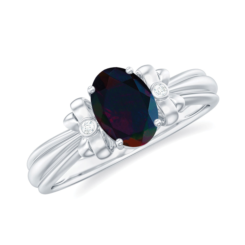 1 CT Oval Black Opal Solitaire Floral Ring with Diamond Accent Black Opal - ( AAA ) - Quality - Rosec Jewels