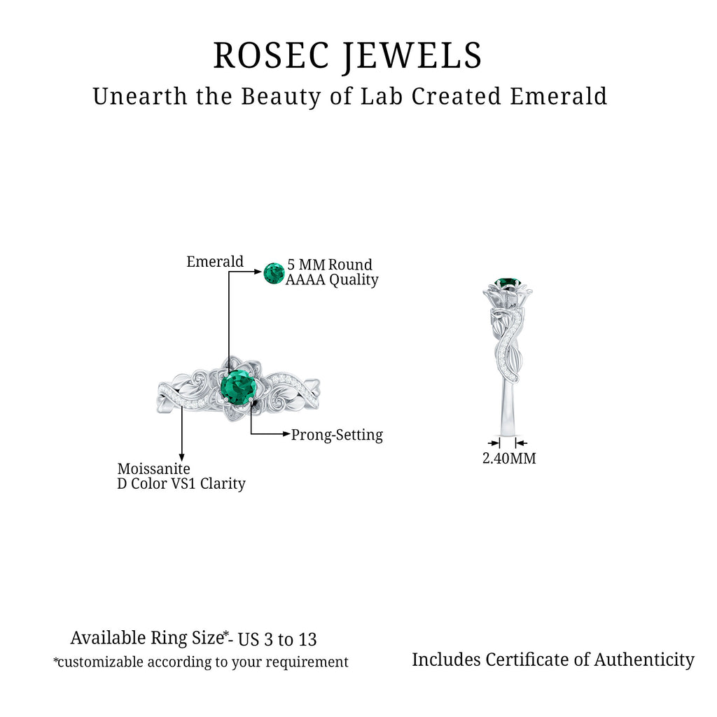 Flower Inspired Created Emerald Engagement Ring with Moissanite Lab Created Emerald - ( AAAA ) - Quality - Rosec Jewels