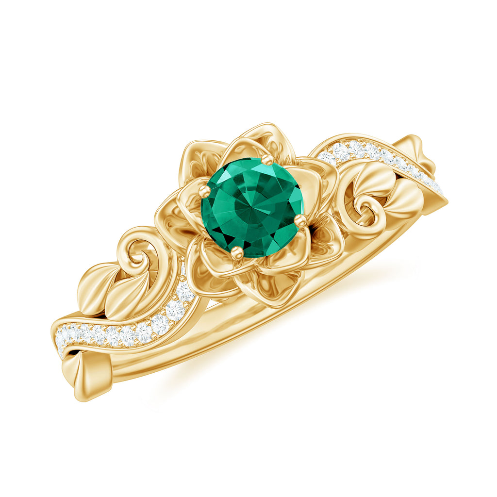 Flower Inspired Created Emerald Engagement Ring with Moissanite Lab Created Emerald - ( AAAA ) - Quality - Rosec Jewels