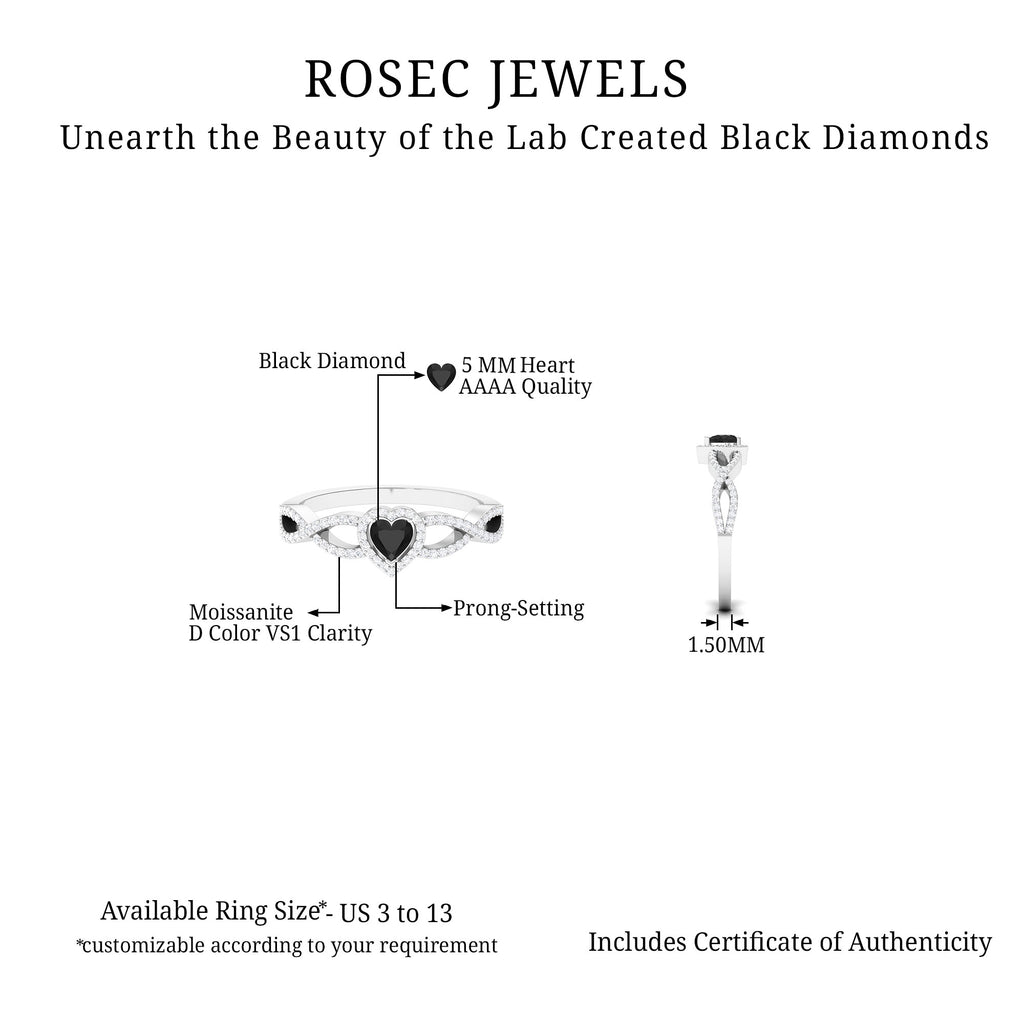 Created Black Diamond Engagement Ring with Moissanite Crossover Shank Lab Created Black Diamond - ( AAAA ) - Quality - Rosec Jewels