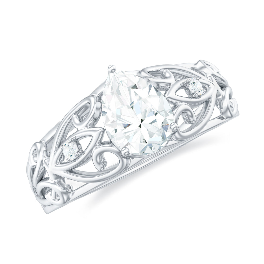 Pear Shaped Lab Created Diamond Solitaire Filigree Ring Lab Grown Diamond - ( EF-VS ) - Color and Clarity - Rosec Jewels
