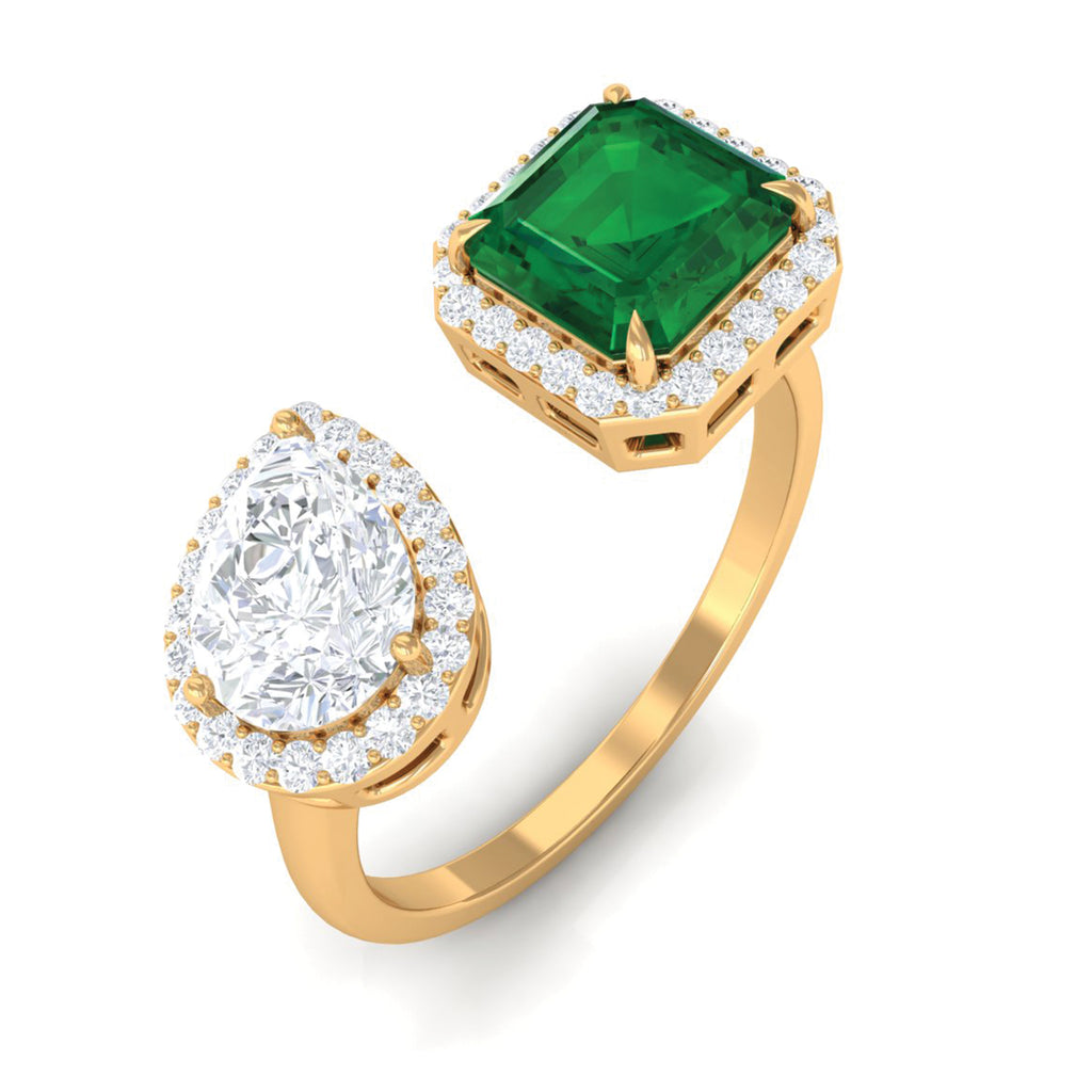 4 CT Created Emerald and Moissanite Two Stone Cuff Ring in Gold Lab Created Emerald - ( AAAA ) - Quality - Rosec Jewels