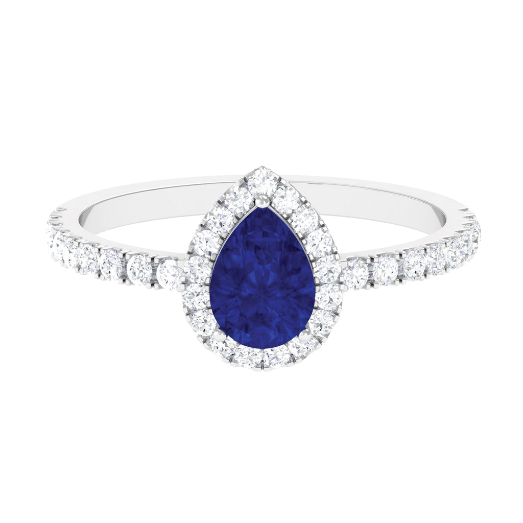 Created Blue Sapphire Teardrop Engagement Ring with Diamond Halo Lab Created Blue Sapphire - ( AAAA ) - Quality - Rosec Jewels