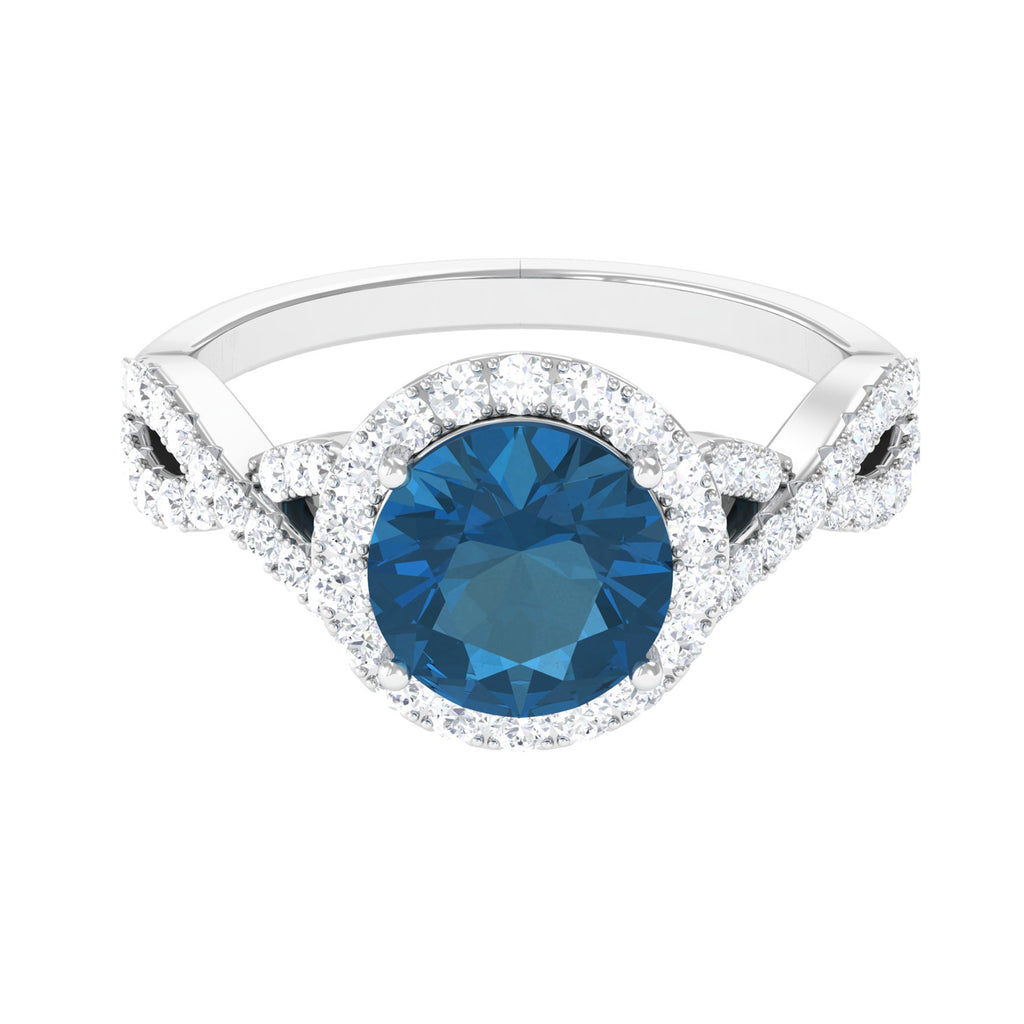 London Blue Topaz Crossover Ring with Diamond Halo London Blue Topaz - ( AAA ) - Quality - Rosec Jewels