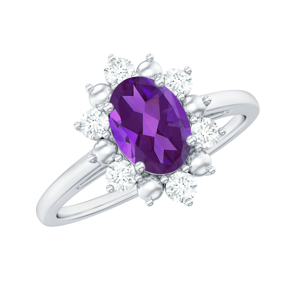 Oval Amethyst Floral Halo Engagement Ring with Diamond Amethyst - ( AAA ) - Quality - Rosec Jewels