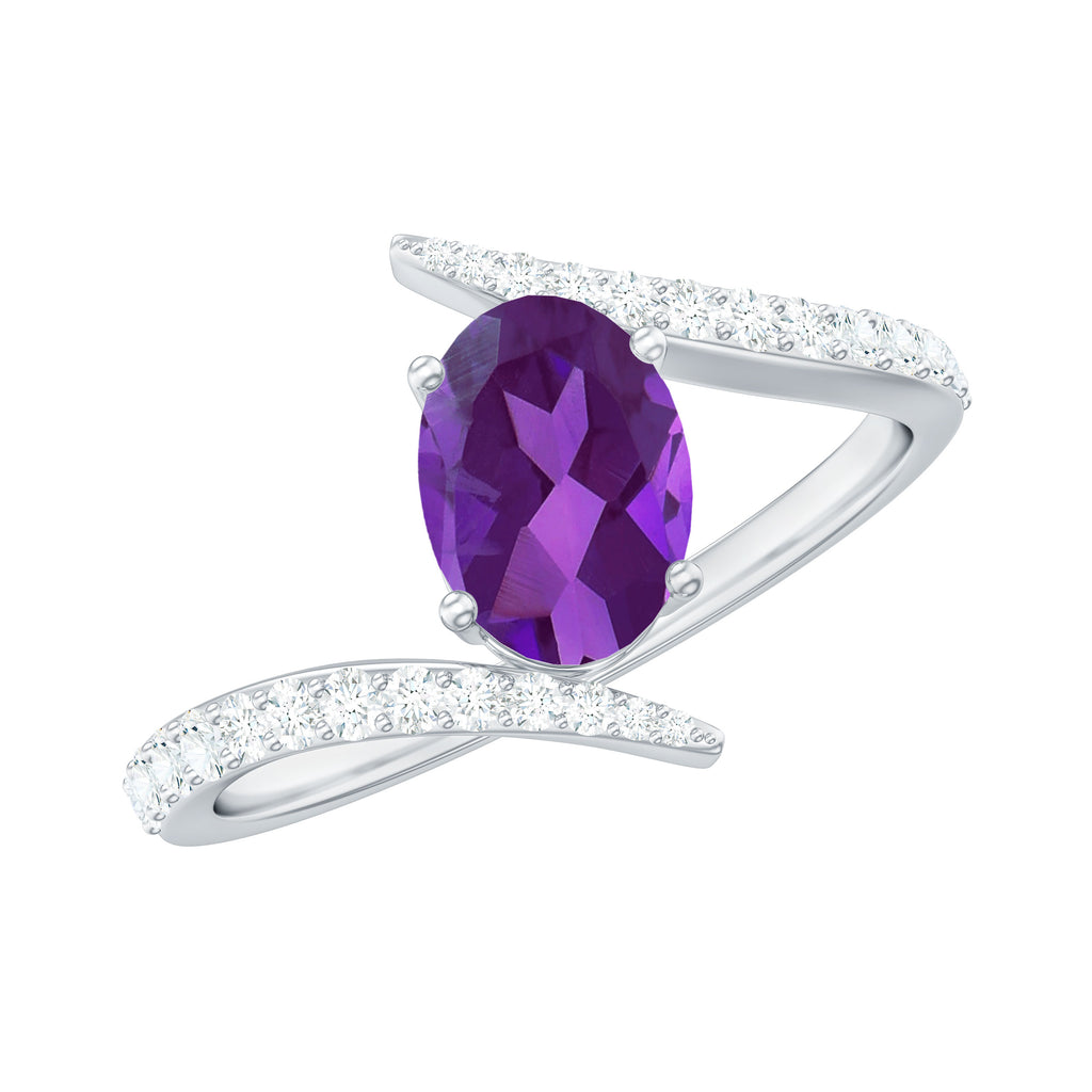 Solitaire Amethyst Bypass Engagement Ring with Diamond Amethyst - ( AAA ) - Quality - Rosec Jewels