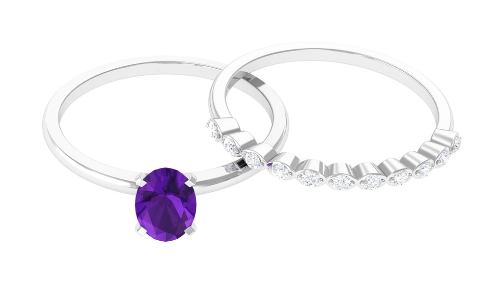 Oval Shape Amethyst Solitaire Ring Set with Diamond Amethyst - ( AAA ) - Quality - Rosec Jewels
