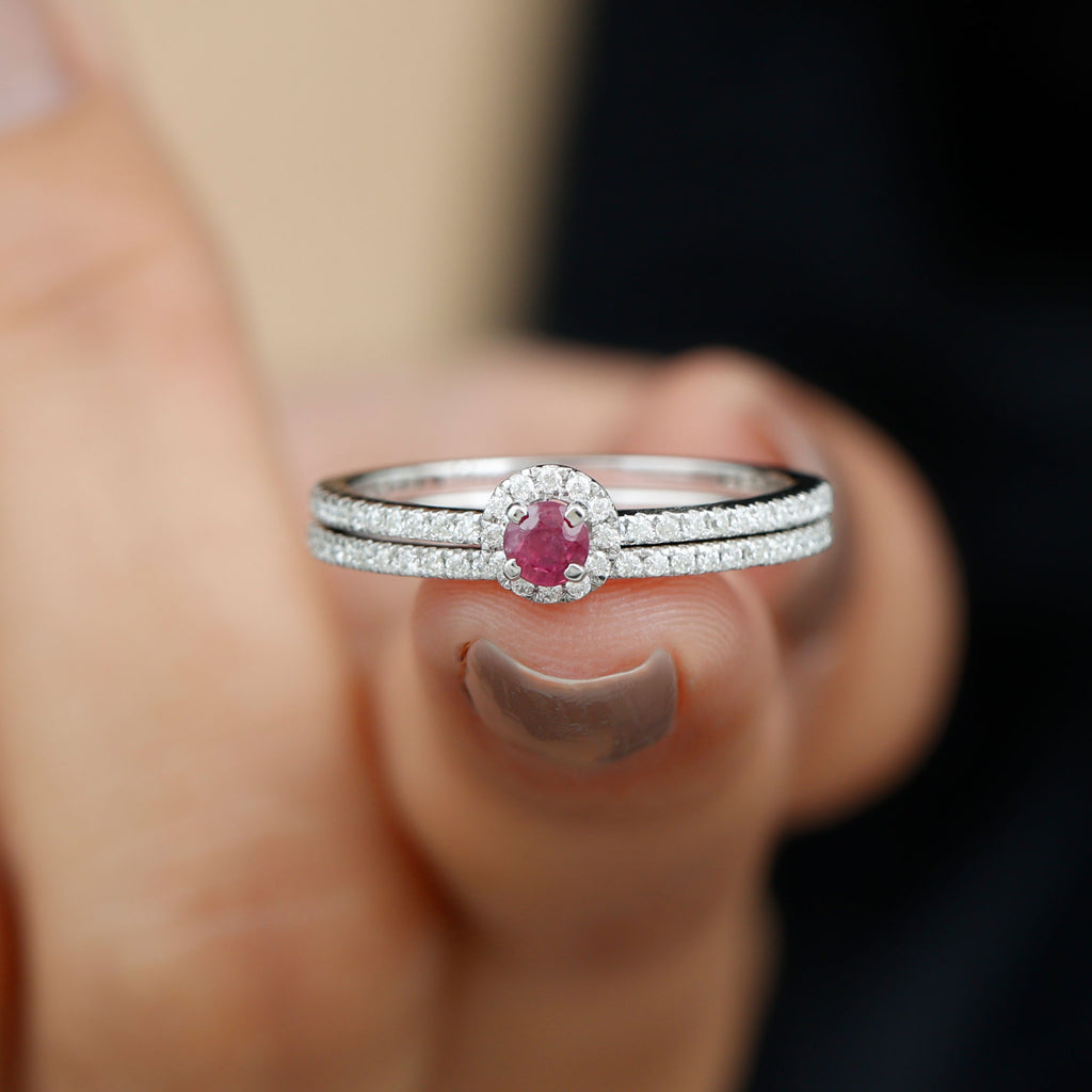 Ruby Minimal Ring Set with Diamond Stackable Band Ruby - ( AAA ) - Quality - Rosec Jewels