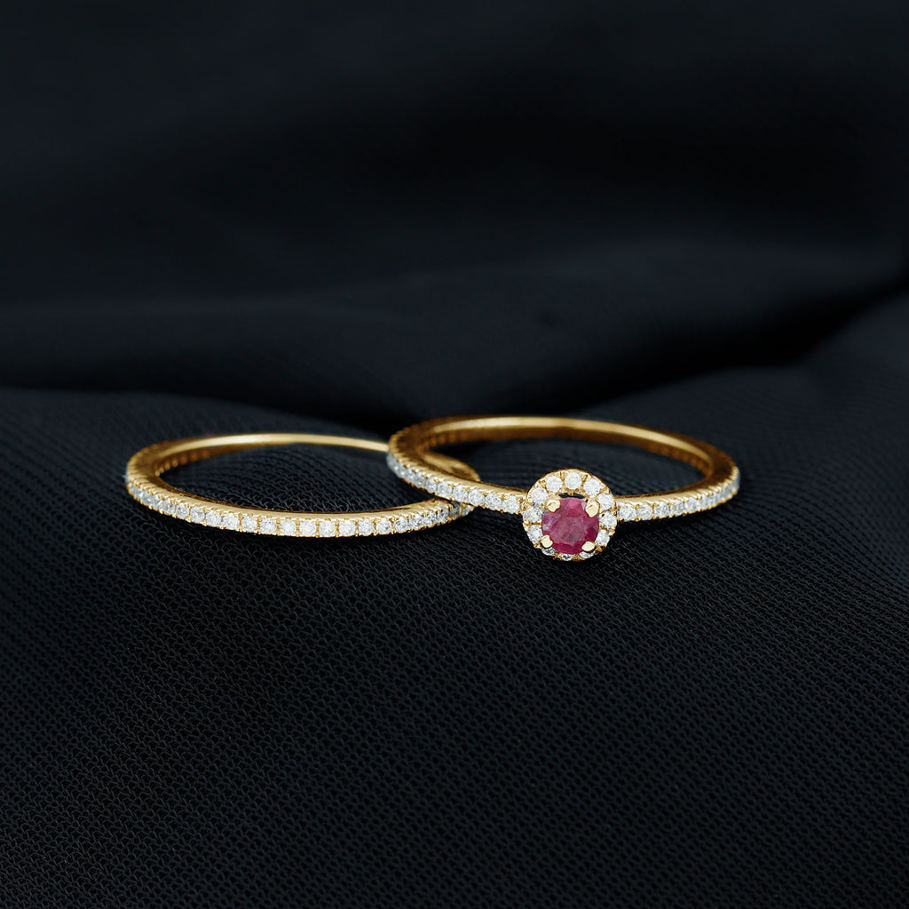 Ruby Minimal Ring Set with Diamond Stackable Band Ruby - ( AAA ) - Quality - Rosec Jewels